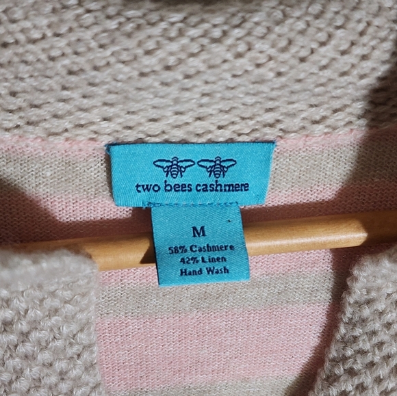 Two Bees Cashmere Pink and Cream Striped Women's Sweater - Picture 3 of 4
